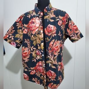 ASOS Design Men’s XL Floral Button Shirt Navy Rose Print Short Sleeve Stretch